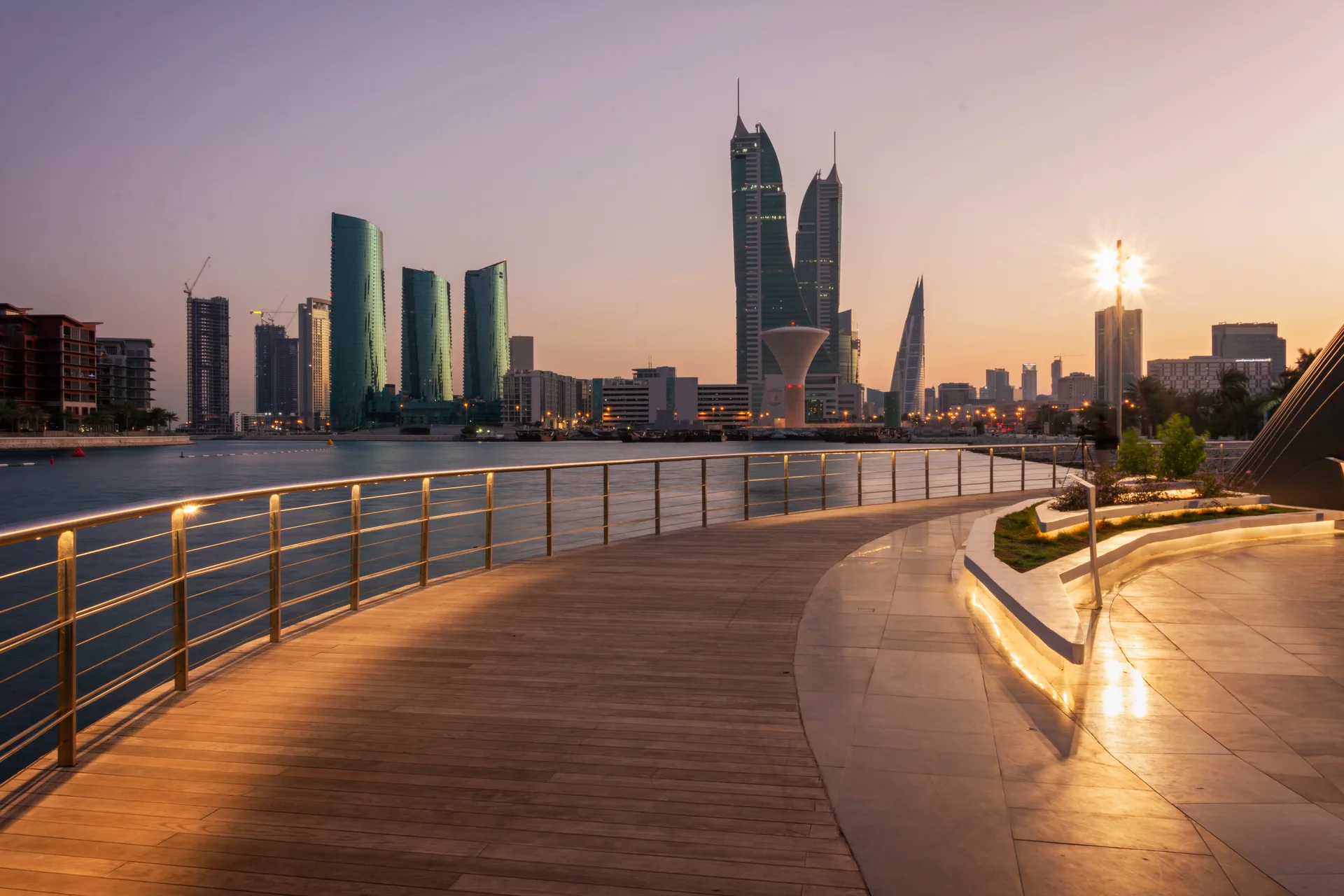 The Manama waterfront promenade at golden dusk